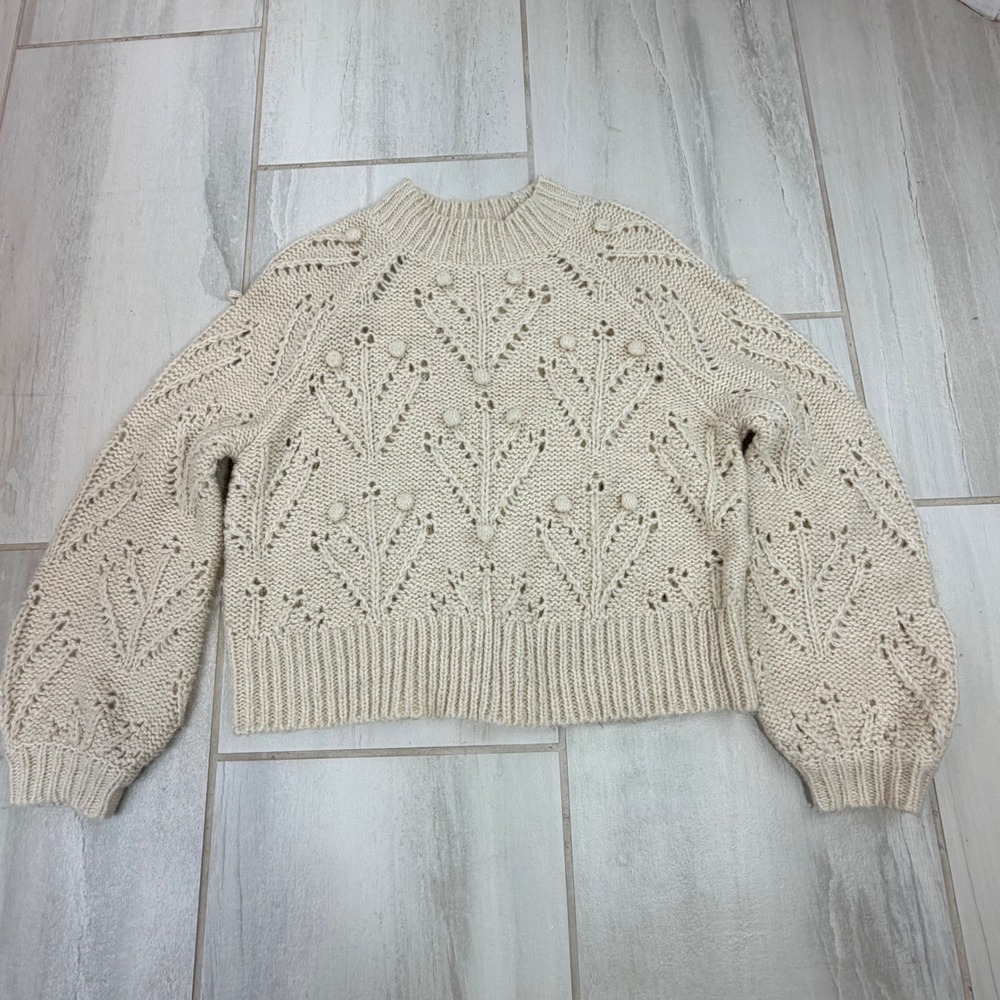 Silverflint Ivory Bobble Pointelle Knit Sweater Alpaca Wool Blend XS